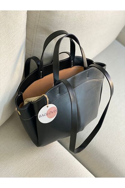 BAGLOVİS حقيبة كتف نسائية سوداء متوسطة الحجم بتفاصيل كتان إضافية