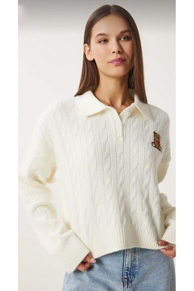 DAMGA Collection Women's Teddy Bear Print Polo Neck Soft Knitwear Sweater