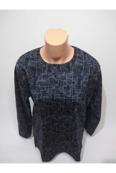 YAŞAR TRİKO Women's Navy Blue Print Crew Neck Long Sleeve Seasonal Lizy Mother Combed Cotton T-Shirt with Slits on the Sides