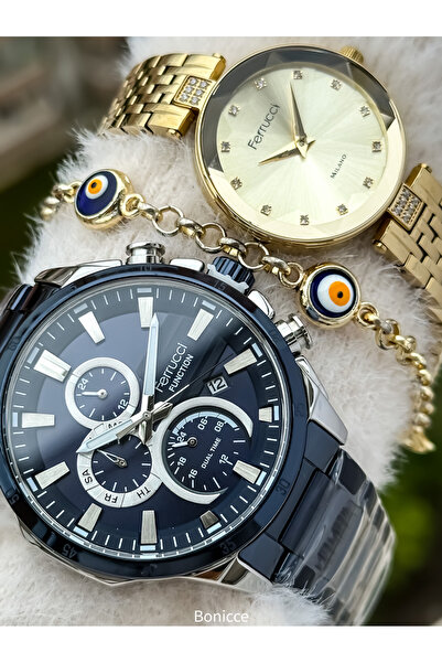 Ferrucci Marka Gümüş Renk Çelik Kordon, Yeşil Kasa Sevgili Çift Kol Saatleri ...