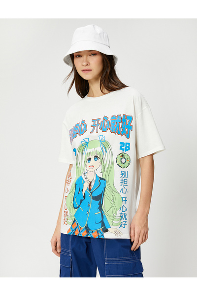 Koton Anime tričko oversize s krátkým rukávem a výstřihem bavlna