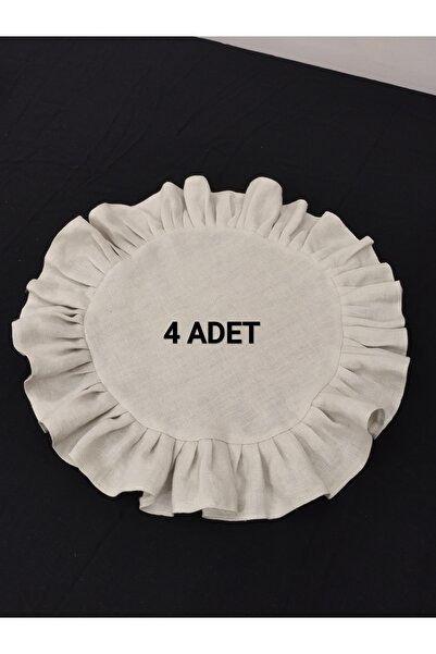 Fırfırlı Naturel Keten Taş Gri Amerikan Servisi Yuvarlak 4'lü 40x40