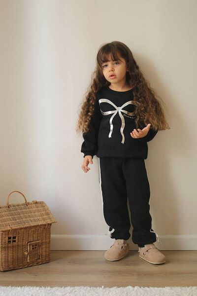 Lolliboomkids Girl's Dark Navy Color Soft Cotton Bow Ribbon Glitter Leaf Printed Trend Tracksuit Set