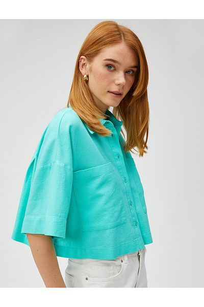 Koton Crop Oversize Shirt Linen Blend with Pockets