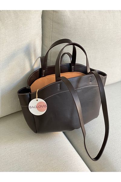 BAGLOVİS حقيبة كتف نسائية بنية متوسطة الحجم بتفاصيل كتان إضافية