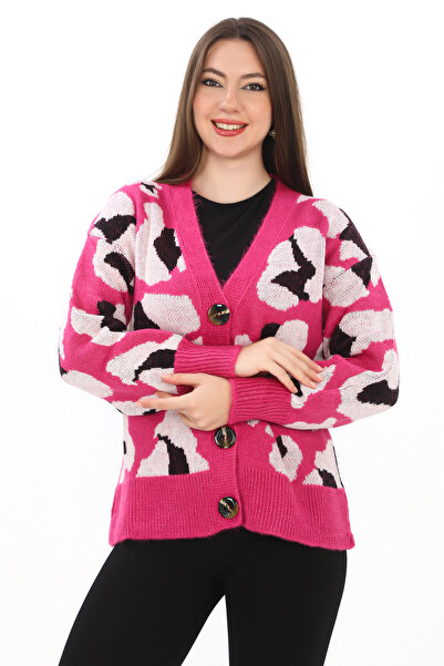dignus Leopard Print Buttoned Oversize Knitted Detailed Knitwear Cardigan