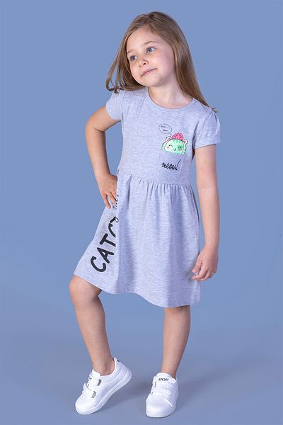 Toontoy Meow Embroidered Girl's Dress - Stone Embroidered Print