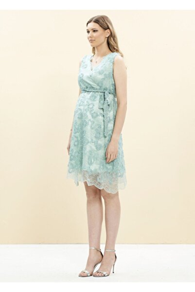 Desen Hamile Giyim Yeşil Dantel Kruvaze Kısa Hamile Abiye Elbise