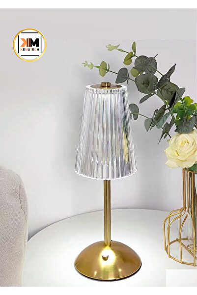 BEKAZE DEKORATİF KRİSTAL ŞARJLI UZUN ÇİZGİLİ, GOLD LED ABAJUR, YILBAŞI MASA L...