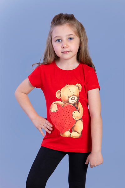 Toontoy Tricou cu inimă de ursuleț pentru fetiță cu imprimeu cu broderie de p...