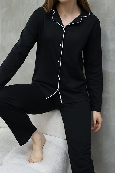 Arvin Pijama Set pijama de vară cu mânecă lungă din bumbac alb-negru