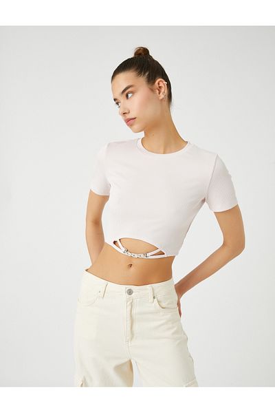 Koton Crop Tshirt Short Sleeve Crew Neck Metal Accessories