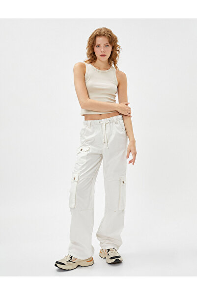 Koton Pantaloni cargo cu talie din dantela, buzunar mare, bumbac cu nasturi