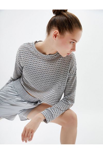 Koton Διάτρητο Crop Sports T-Shirt Viscose Blend Long Sleeve Crew Neck