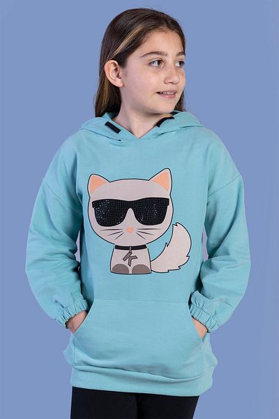 Toontoy Cat Patterned Stone Embroidered Kangaroo Sweatshirt - Girl