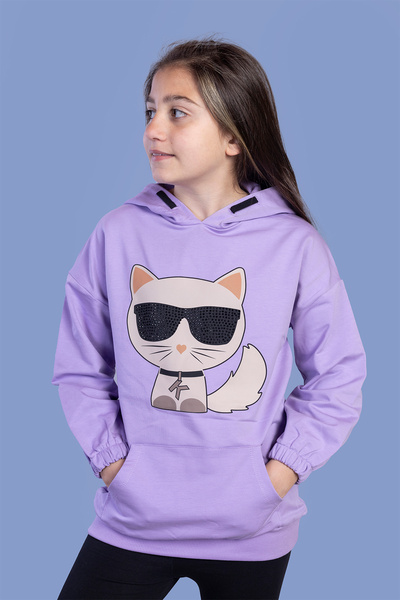 Toontoy Φούτερ για κορίτσια με μοτίβο γάτας με πέτρα και τσέπη καγκουρό