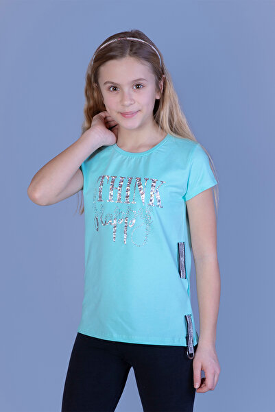Toontoy Girl's Printed Stone Embroidered T-Shirt with Side Stripe Detail