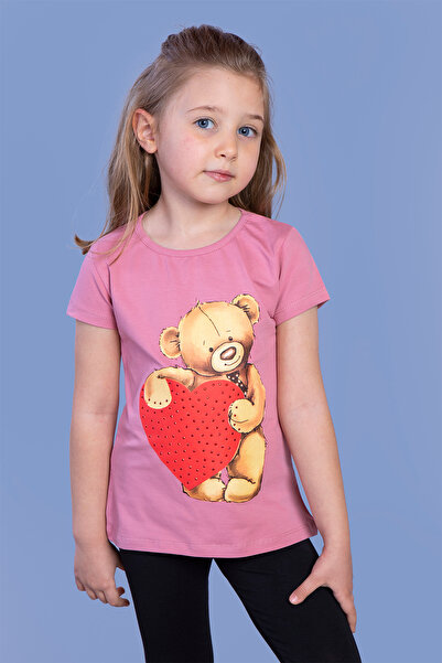 Toontoy Tricou cu inimă de ursuleț pentru fetiță cu imprimeu cu broderie de p...