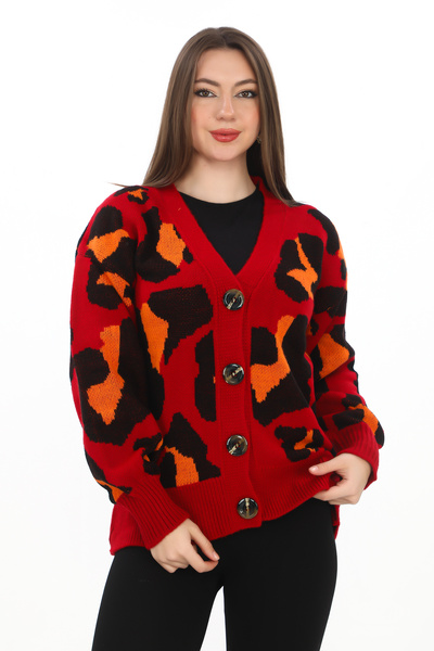Kayaka triko Leopard Print Buttoned Oversize Knitted Detailed Knitwear Cardigan