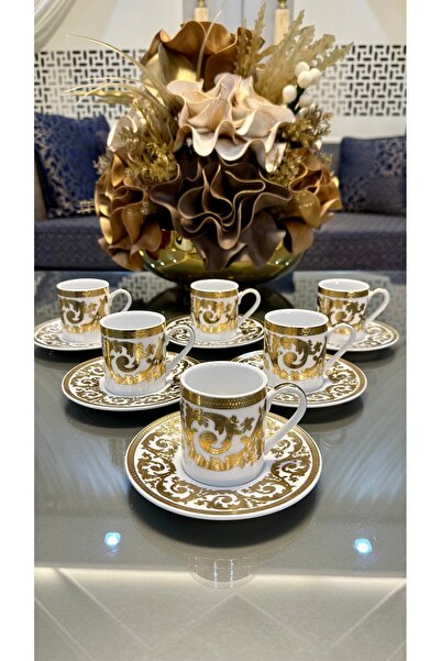 Turkuaz kristal WİNTERBACH Marka Porselen 6 Kişilik Gold Kabartmalı Kahve Fin...