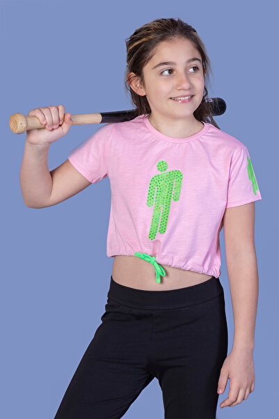 Toontoy Tricou pentru fetiță Crop Model cu imprimeu cu broderie cu pietre