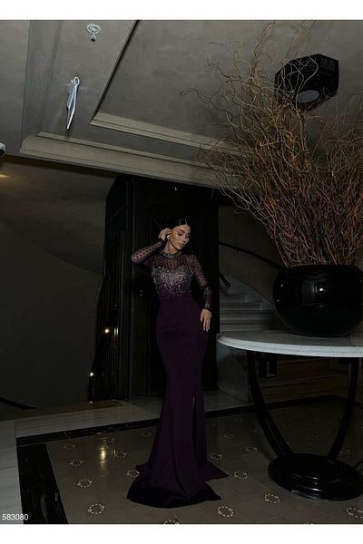 Trendusfashion Crepe Fabric Tulle and Stone Detailed Dress