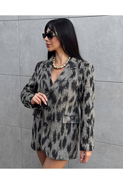 dükkan10butika Γυναικείο παλτό μεγάλου μεγέθους, γκρι λεοπάρ μοτίβο με δύο κο...