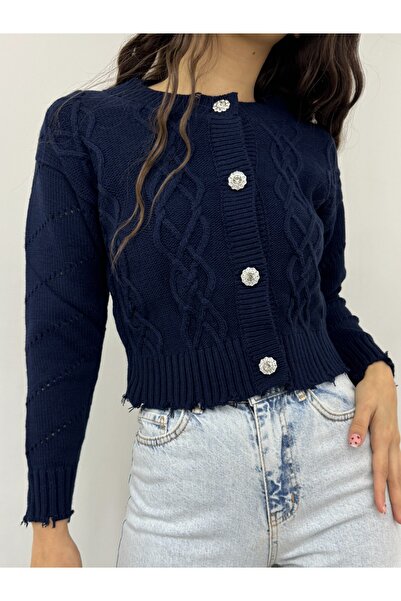 Modamorfo Stone Button Roztrhaný Crop Cardigan
