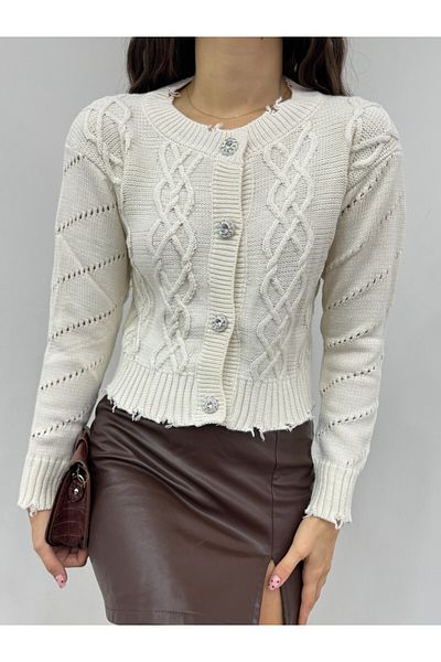 Modamorfo Beige Cropped Cardigan with Stone Buttons and Ripped