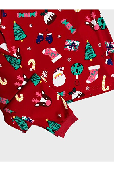 elmas kids Erkek Çocuk %100 Pamuklu Kırmızı Şeker Çam Ağacı Desenli Yeni Yıl Temalı Uzun Kollu Pijama Takımı