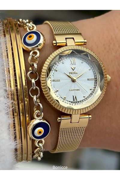 Fiesta Brand Steel Mesh Cord, Cutout Glass Case, Yellow Color Women's Wrist Watch+Bracelet