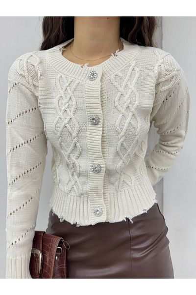 Modamorfo Beige Cropped Cardigan with Stone Buttons and Ripped