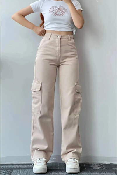 Pullaps Bej Kargo Cepli Yüksek Bel Wide Leg Pantolon