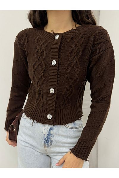 Modamorfo Stone Buttoned Ripped Cropped Cardigan -Brown