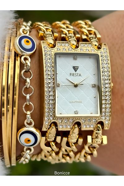 Fiesta Rectangular Rhinestone Case, Gold Yellow Steel Chain Cord Engagement Wedding Bridal Wristwatch Bracelet