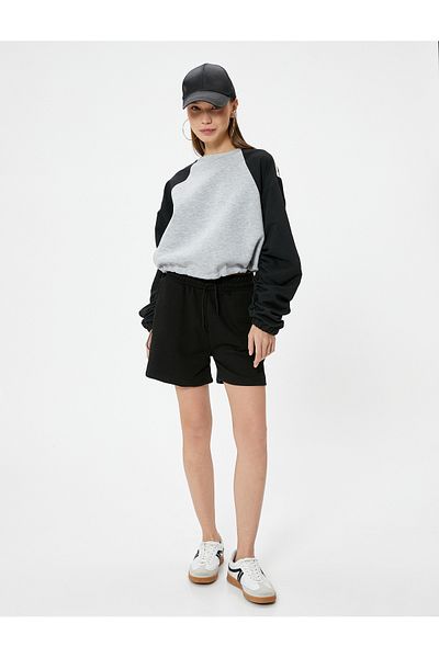 Koton Raised Crop Sweatshirt Color Block Adjustable Waist Elastic Crew Neck