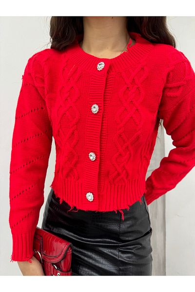 Modamorfo Zerrissene Crop-Strickjacke mit Steinknöpfen – Granatapfelblume