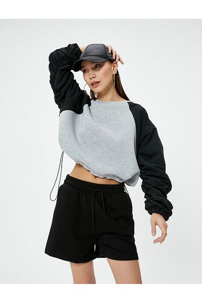 Koton Raised Crop Sweatshirt Color Block Adjustable Waist Elastic Crew Neck