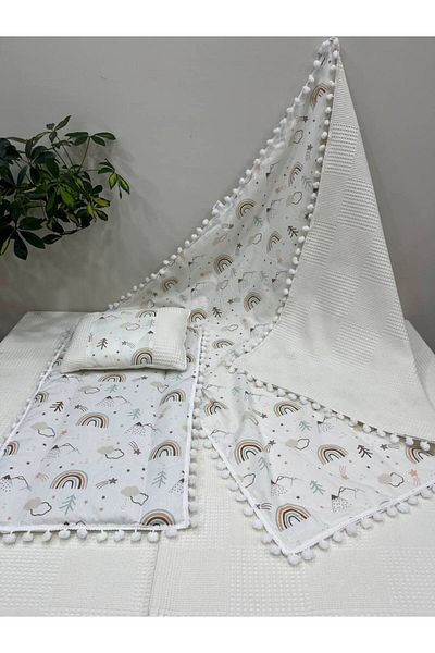 BUSEBABYHOME Poplin Fabric and Pompom Bottom Cover, Pillow and Blanket Set of 3