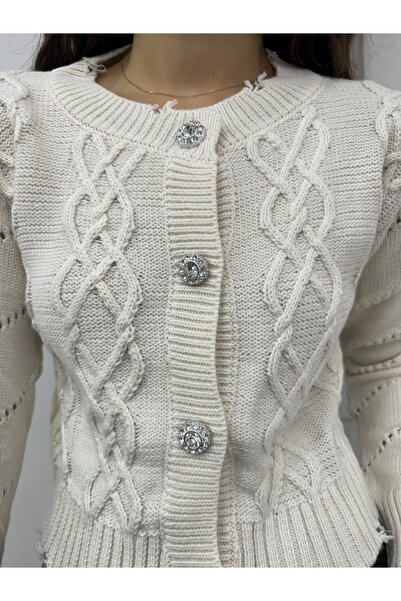 Modamorfo Beige Cropped Cardigan with Stone Buttons and Ripped