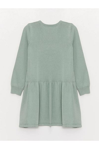 LC Waikiki Lcw Kids Green Crew Neck Printed Long Sleeve Girls Knitwear Dress