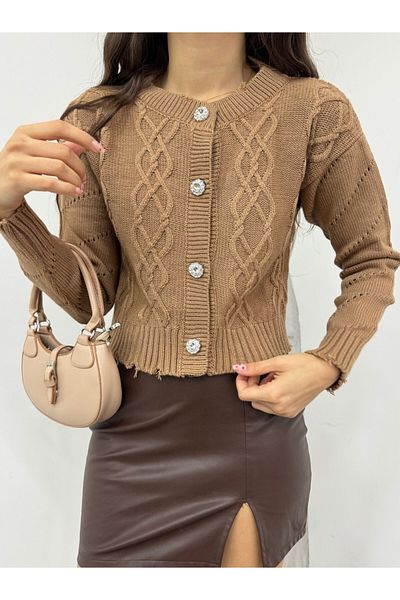 Modamorfo Mink Cropped Cardigan with Stone Buttons and Ripped