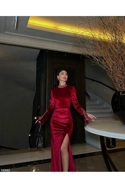 Trendusfashion Velvet Fabric Slit Maxi Length Dress