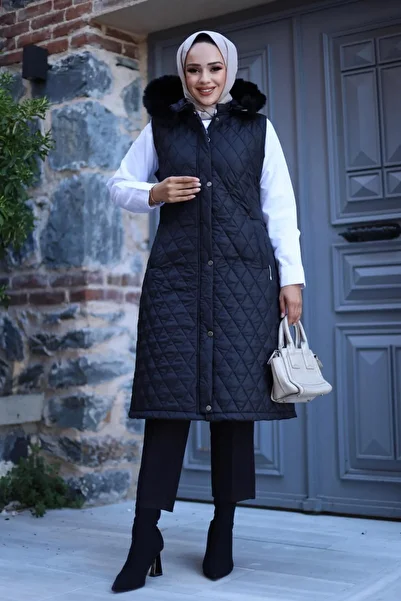 HARMAN BUTİK Women's Hooded Zippered Snap Capity Vest