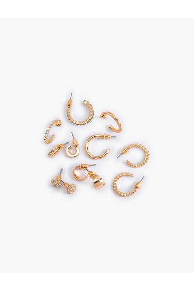 Koton Stone Detailed Steel Blend Ball and Hoop Earring Set