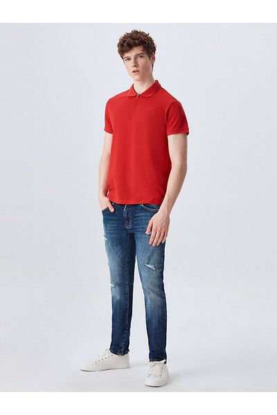 Ltb Zippered Polo Collar Red T-shirt