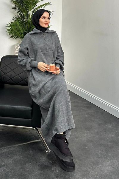 MERVEN AKYÜZ Gray Oversize Knitwear Dress - Jairo Zippered
