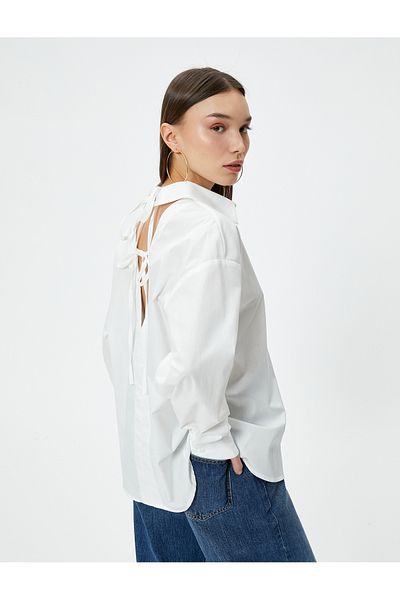Koton Oversize Shirt with Back Window Detail and Lace-up Long Sleeve Cotton