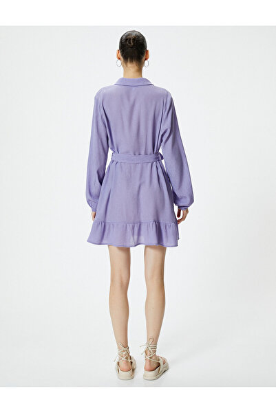 Koton Mini rochie cămașă cu mânecă lungă curea cu detaliu țesătură de viscoză texturată amestecată