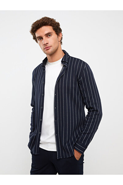 BGW Erkek Slim Fit Uzun Kollu Lacivert Çizgili Gömlek